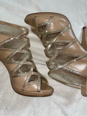 Limelight Gold Glitter Nude Strappy Peep-Toe Heels